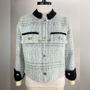 💚 2670. Tweed Print Fuzzy Jacket - Blue and Black